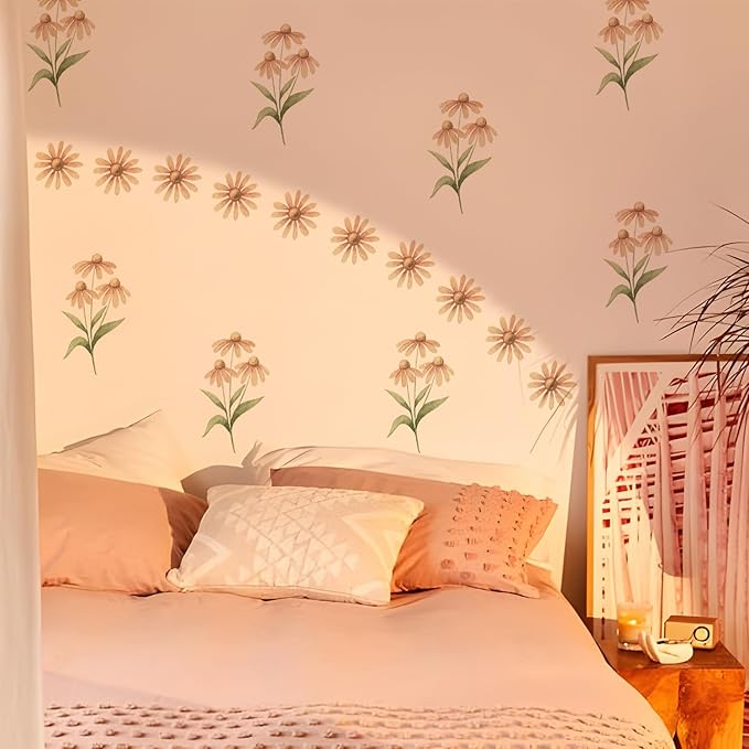 YouRfocus Daisy Wall Decals | 60 PCS Boho Flower Stickers for Girls' Rooms, Playrooms, and Nurseries | Dual Layer Print for High Coverage | Removable Peel and Stick Wall Decor (Orange) | 12 Sheets
