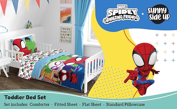 Sunny Side Up Marvel Spidey & His Amazing Friends Toddler Comforter Set - 4 Piece Preschool Bedding Includes Comforter, Sheets & Pillow Cover – Super Soft Superheroes Microfiber Bed Set