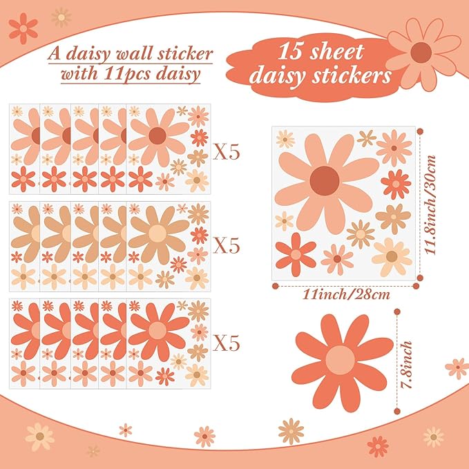 TaoBary 165 Pieces 15 Sheet Large Daisy Wall Decals Flower Stickers Vinyl Peel and Stick Floral Decal Daisy Wall Decor for Nursery Playroom Bedroom Living Room(Lovely)