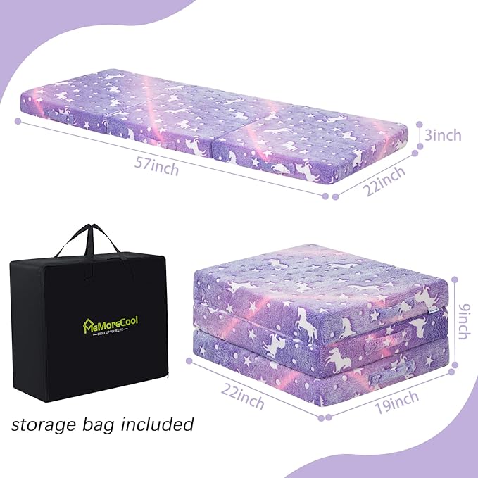 MeMoreCool Foldable Floor Mattress for Kids, Glow Unicorn Toddlers Trifold Nap Mat, Kids Folding Mattress Portable Sleeping Futon for Daycare or Floor Bed, 57x22 Inch Purple