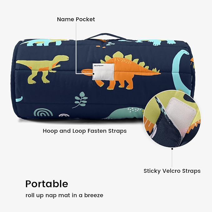 PHF Large Dinosaur Toddler Nap Mat Set, with Removable Pillow for Toddler Boys, Soft and Lightweight for Daycare, Preschool, Travel, Kindergarten Sleeping Bag, Fits Ages 3-6 Years, Large Dinosaur