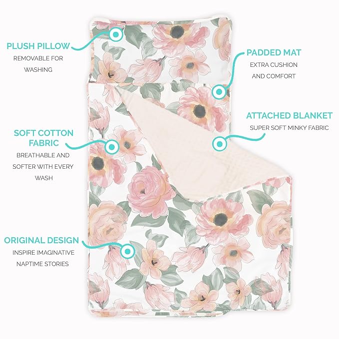 JumpOff Jo Nap Mat for Kids - Cozy Kids Rest Mat with Removable Pillow and Ultra Soft Blanket for Preschool, Daycare, and Sleepovers - Floral Watercolor