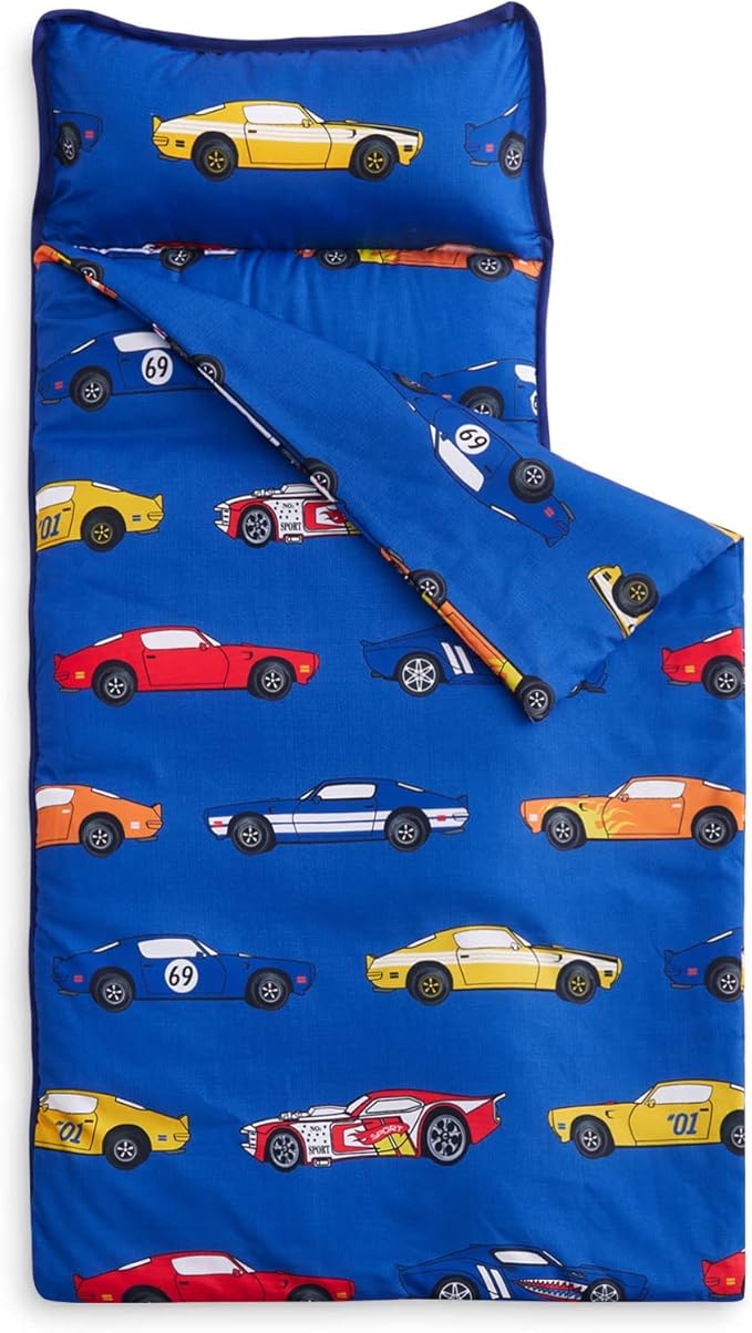 Wake In Cloud - Toddler Nap Mat with Pillow and Blanket, for Kids Boys Ages 3 Plus in Kindergarten Daycare Preschool, Roll Up Sleeping Bag, Race Cars Vehicles
