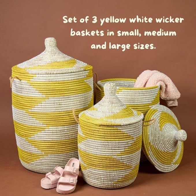 Tall Large Decorative Wicker Storage Basket with Lid, Laundry Hamper, Blanket Storage, Toys Bin, Clothes Holder, Boho Style (Yellow White)