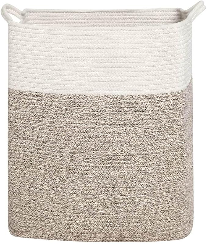 Tall Laundry Basket With Handles,Woven Cotton Rope Big Laundry Hamper Sorters,Versatile Storage for Dirty Clothes,Baby Toys,and Blankets in Bathroom, Nursery,and Living Room (White Brown, 68L)