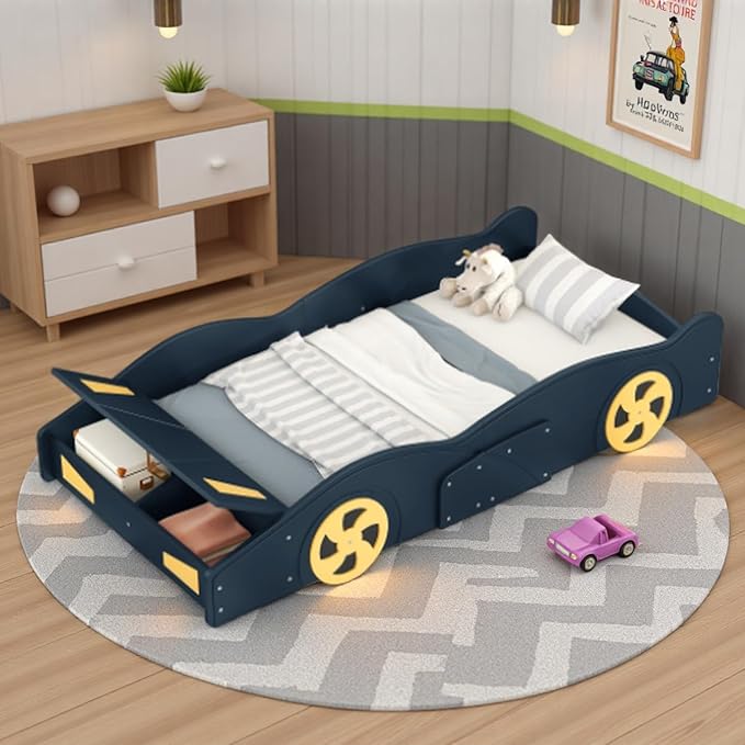 SOFTSEA Twin Car Shaped Bed Frame Modern Car-Shaped Platform Bed with Storage Headboard and Wheels, Wood Twin Platform Bed with Storage for Kids Boys, No Box Spring Needed, Blue+Yellow