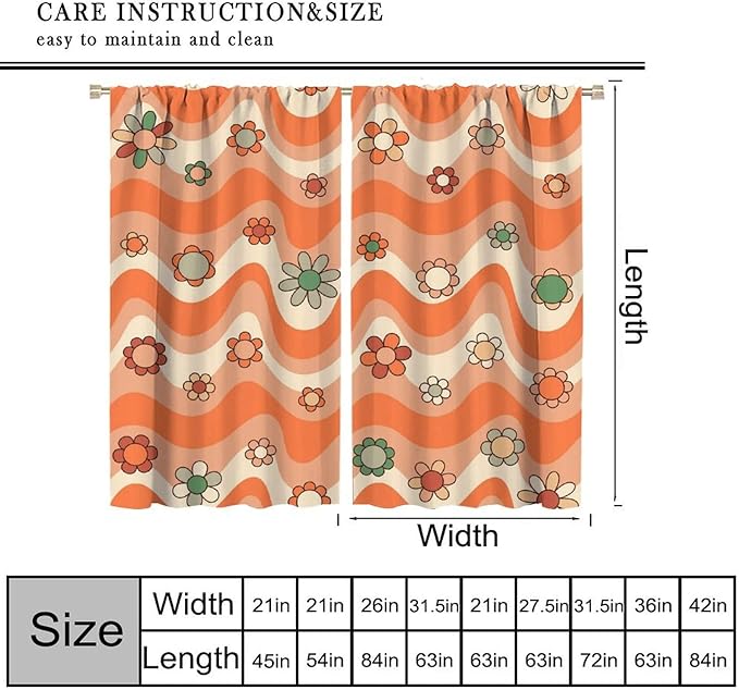70s Boho Retro Curtains for Bedroom,Groovy Vintage Floral Rainbow Window Treatments Drapes for Kids Girls Window 72"" W X 63"" L, Style-6