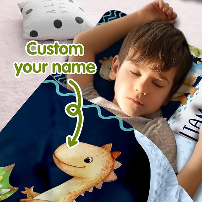 Personalized Toddler Nap Mats for Preschool, Custom Name Kids Sleeping Bag for Daycare, Roll Up Sleeping Mat with Removable Pillow and Soft Dot Minky Blanke for Boys Camping Travel