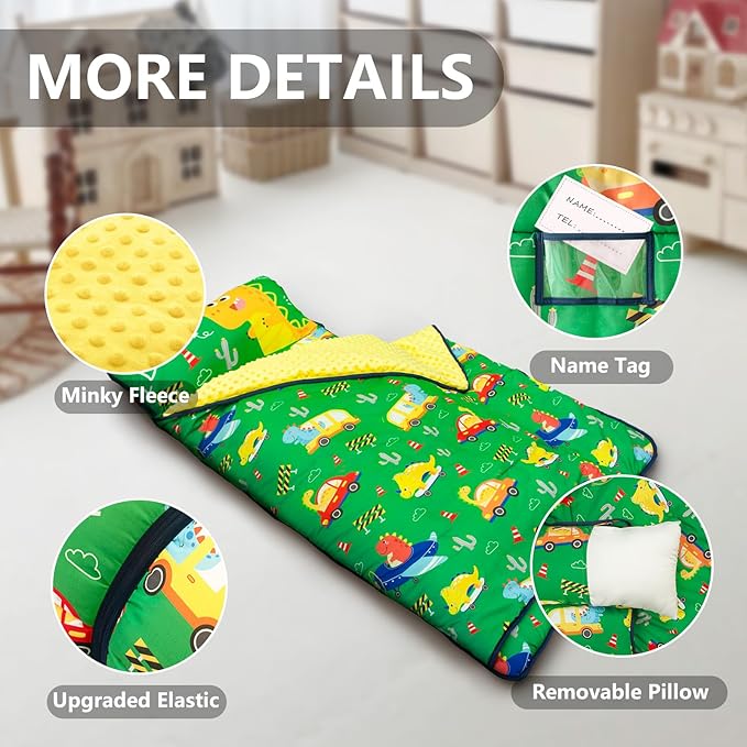 Primlect Thickened Toddler Nap Mat with Removable Pillow and Minky Blanket, Extra Large 55''x35'' Sleeping Bag, Washable, Roll up, Perfect for Daycare, Preschool, Kindergarten, Boys and Girls Dinoaur