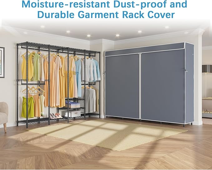 VIPEK V40C Covered Clothes Rack Heavy Duty Clothing Rack with Cover, Custom Freestanding Closet Portable Wardrobe Closet for Bedroom, Large Black Coset Rack with Grey Oxford Fabric Cover