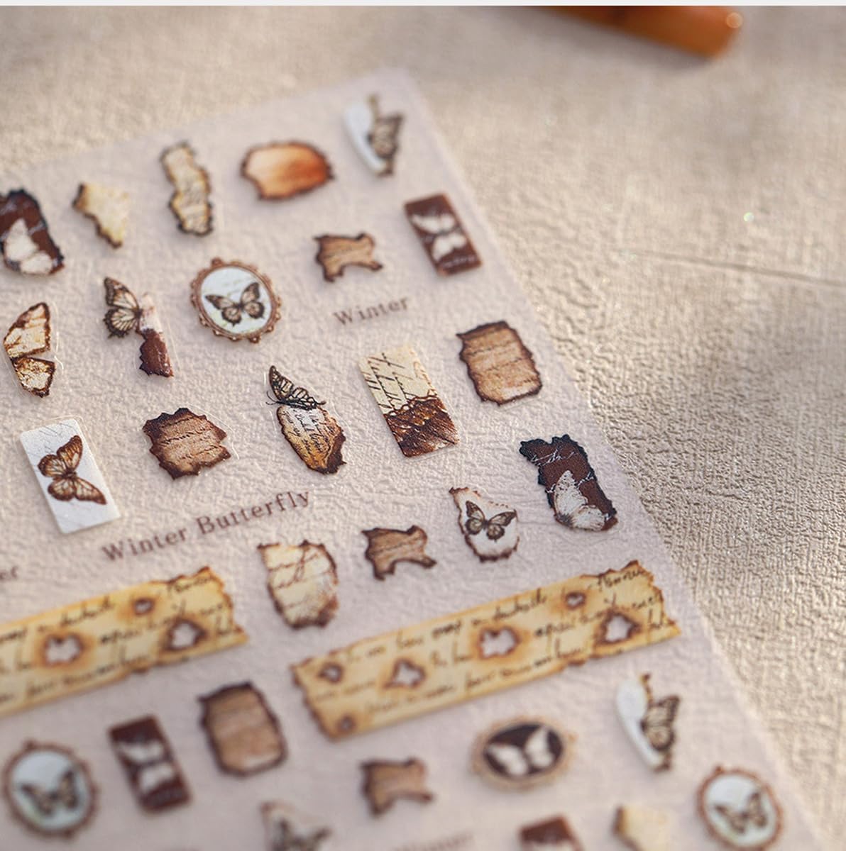Winter Butterfly Nail Stickers for Nail Art Rustic Paper Nail Decals Vintage Stickers for Nails Designs Self Adhesive Nail Art Supplies & Decorations for Women Girls,1 Sheet DIY Manicure Decor