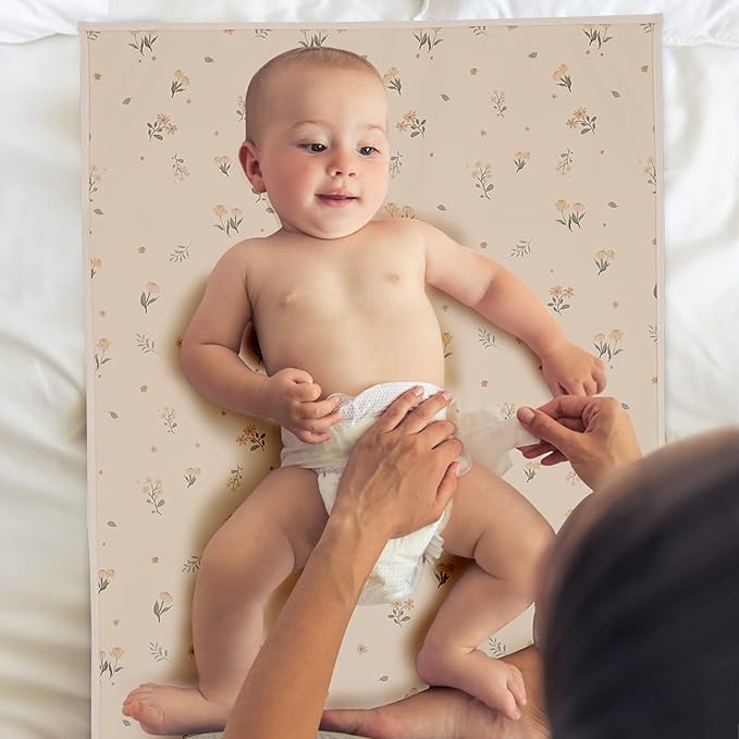 Vegan Leather Baby Changing Mat - Wipeable Portable Changing Pad, Foldable Travel Changing Mat for Baby, Newborns Toddlers Shower Gifts (Flower,20"*28")