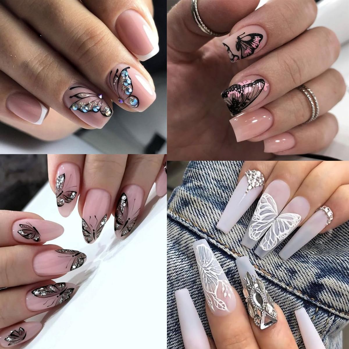 8 Sheets Holographic Butterfly Nail Art Stickers - 3D Self-Adhesive Designer Decals for Nail Art Charms - Blue White Glitter Nail Design for Women Nail Decor