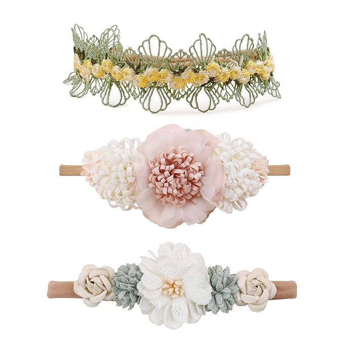 cherrboll 3pcs Baby Girl Headbands Flowers, Super Soft & Stretchy Nylon Floral Hairbands for Newborn Toddler