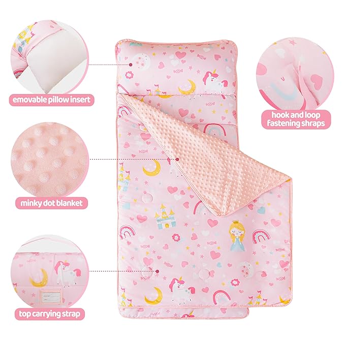 Viviland Toddler Kid Nap Mat for Preschool, Girls Pink Princess Daycare Kindergarten Slumber Bag
