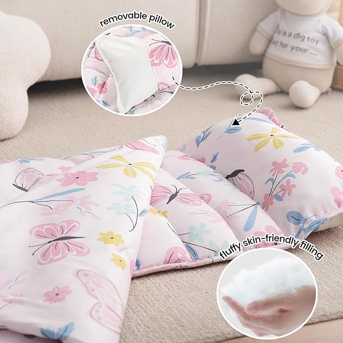 PHF Butterfly Toddler Nap Mat Set, with Removable Pillow for Toddler Girls, Soft and Lightweight for Daycare, Preschool, Travel, Kindergarten Sleeping Bag, Fits Ages 3-6 Years, Butterfly
