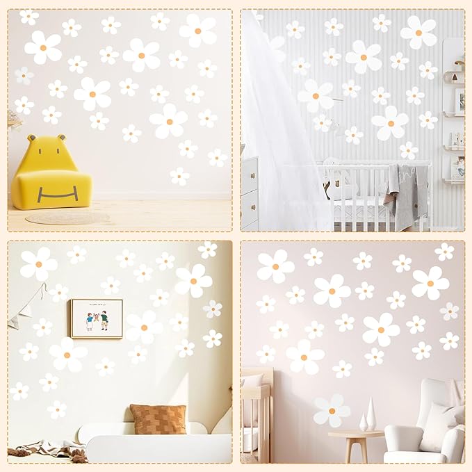12 Sheets Daisy Wall Decals, Classic White Daisy Flowers Wall Stickers, Vinyl Peel and Stick Floral Decor, Large Floral Nursery Bedroom Living Room Decor for Kids Girls Teens