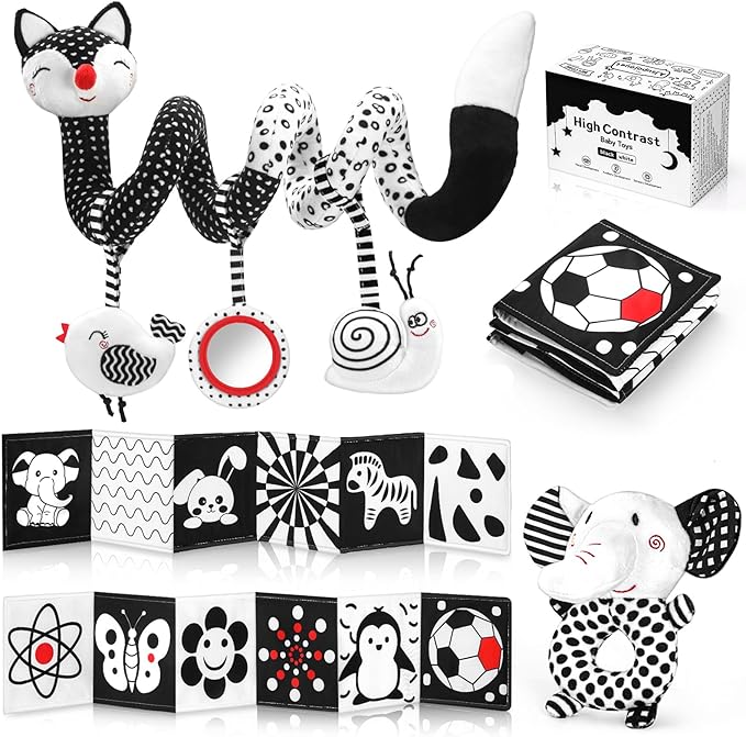 High Contrast Black and White Baby Toys 3-Piece Newborn Essentials Set with Hanging Toys,Rattle Crib Mobile,baby Book & Car Seat Stroller Toys for 0-3-6-12 Months Infant Development