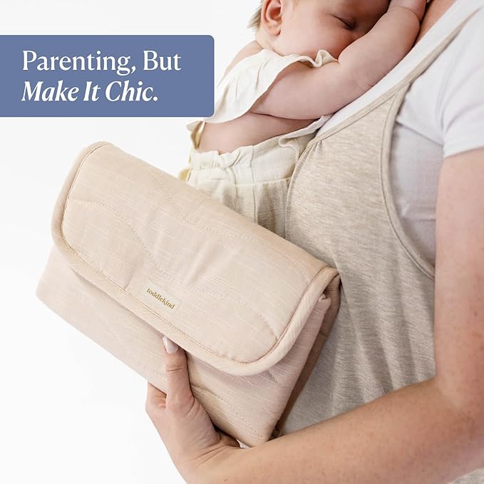 Toddlekind Mini Maven Portable Changing Pad – Organic Cotton & Water-Resistant Polyester – Travel-Friendly, Foldable Change Mat – Blush Stripes with Wave Stitching – Chic, Durable, Easy to Clean