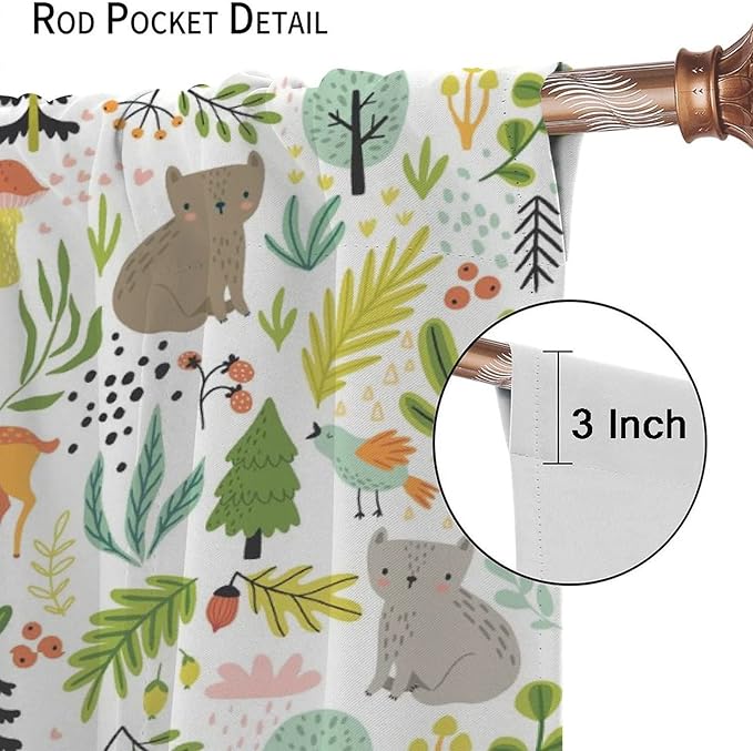 Cartoon Forest Kids Blackout Curtains,Cute Woodland Wild Animals Colorful Deer Plants Trees Print Pattern Thermal Insulation Window Drapes for Nursery Boys Girls Bedroom,White Background 63x63in