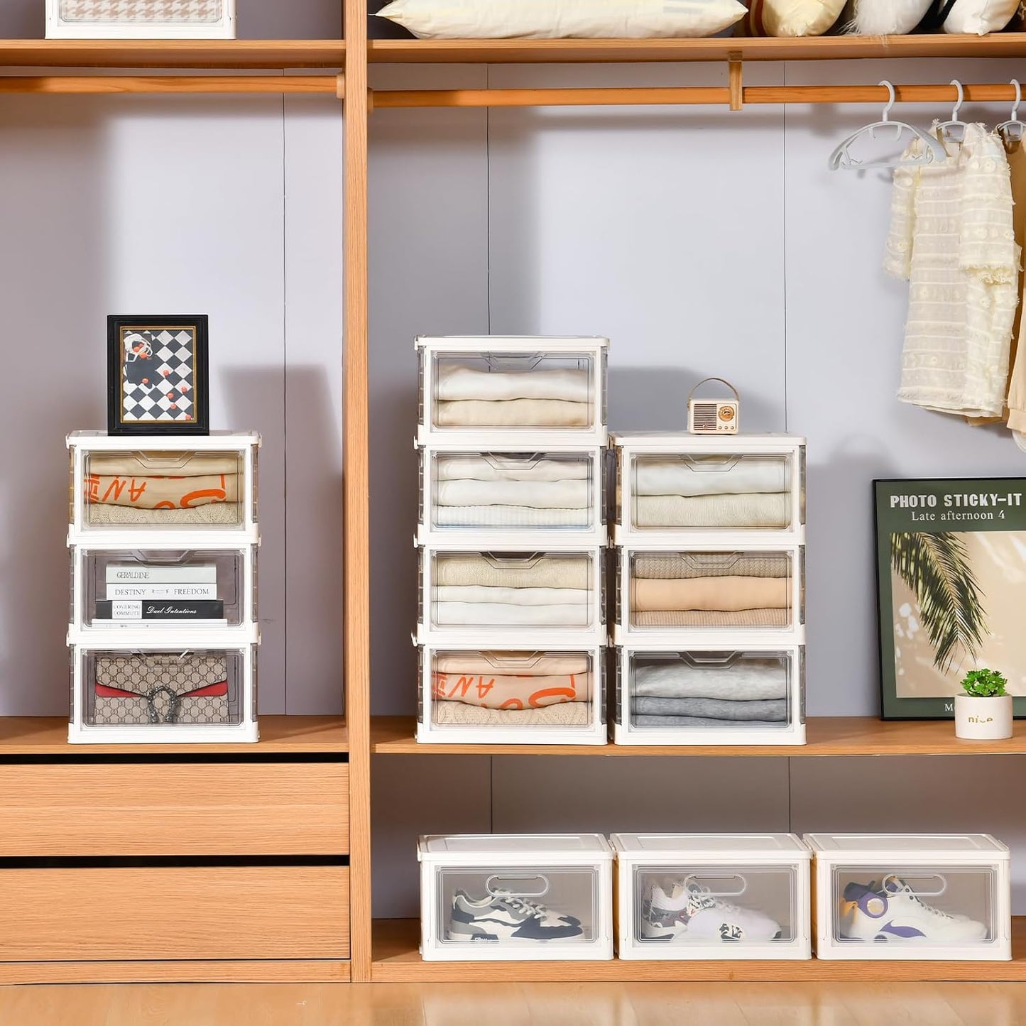 Stackable Plastic Storage Bins with Lids, Foldable Closet Organizers and Storage, 3 Drawer Storage Organizer，Clear Stackable Containers for Wardrobe,Bedroom,Office,Dorm