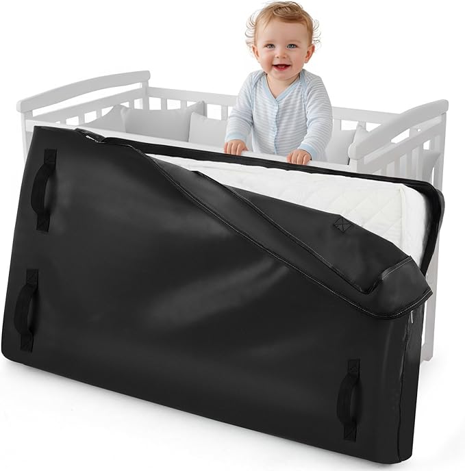 1 Pcs Crib Mattress Storage Bag with Zipper and 8 Reinforced Handles Oxford Cloth Waterproof Crib Mattress Protector Bag for Storage, 52.5 x 28 x 6.5 Inches (Black)