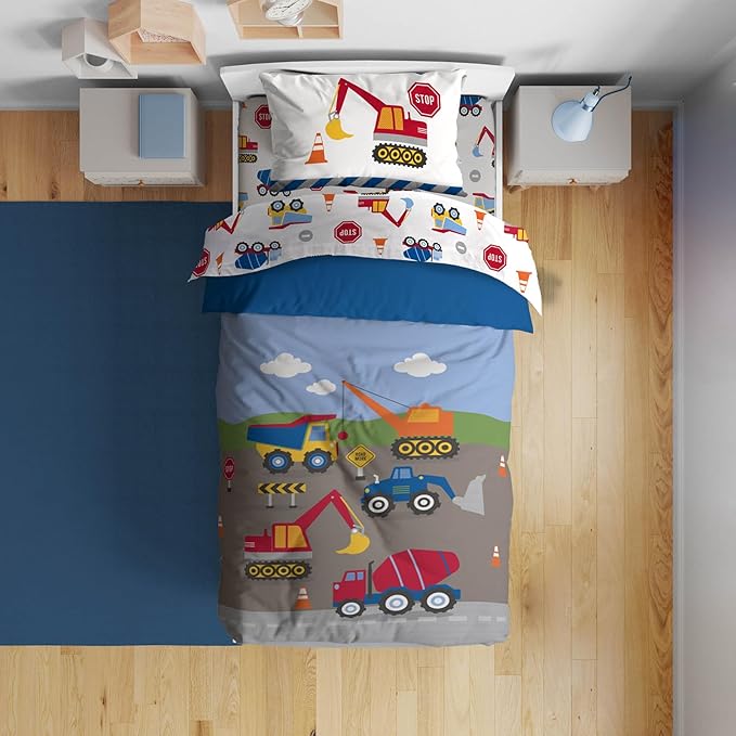 Sunny Side Up Construction Zone Toddler Comforter Set - 4 Piece Preschool Bedding Includes Comforter, Sheets & Pillow Cover - Super Soft Vehicles Microfiber Bed Set