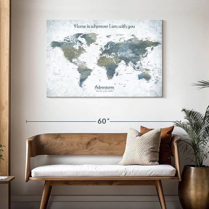 ElephantStock - Home With You II Push Pin World Map Wall Art - Horizontal Canvas Wall Art - Living Room Wall Decor - Digital Art Map Canvas Art - Blue And Gray Decor - 45" x 30"