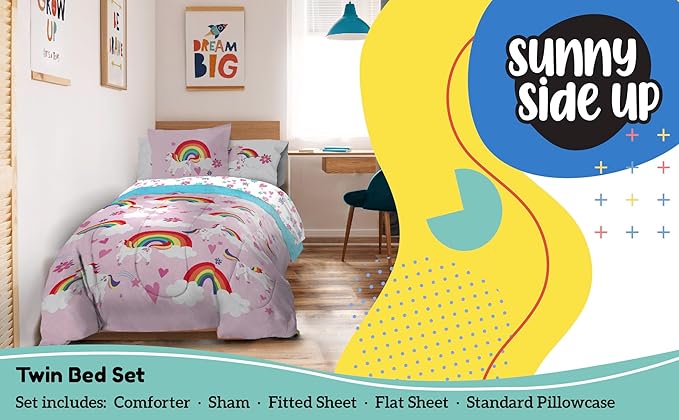 Sunny Side Up Rainbow Unicorns Twin Comforter Set - 5 Piece Kids Bedding Includes Comforter, Sheets & Pillow Cover - Super Soft Pink Floral Microfiber Bed Set