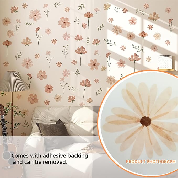Boho Flower Wall Decals, Daisy Wildflower Wall Stickers Leaf Floral Decor for Girls Bedroom Baby Nursery Kids Room Decor