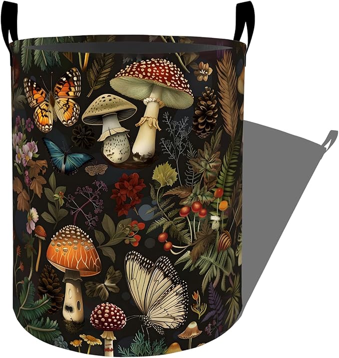 Enchanted Mushroom with Butterfly Laundry Basket with Handles, 19.7"x15.7" Clothes Foldable Laundry Hamper Organizer for Dorm Nursery Bedroom Bathroom Decor, Toy Storage Bin for Kids