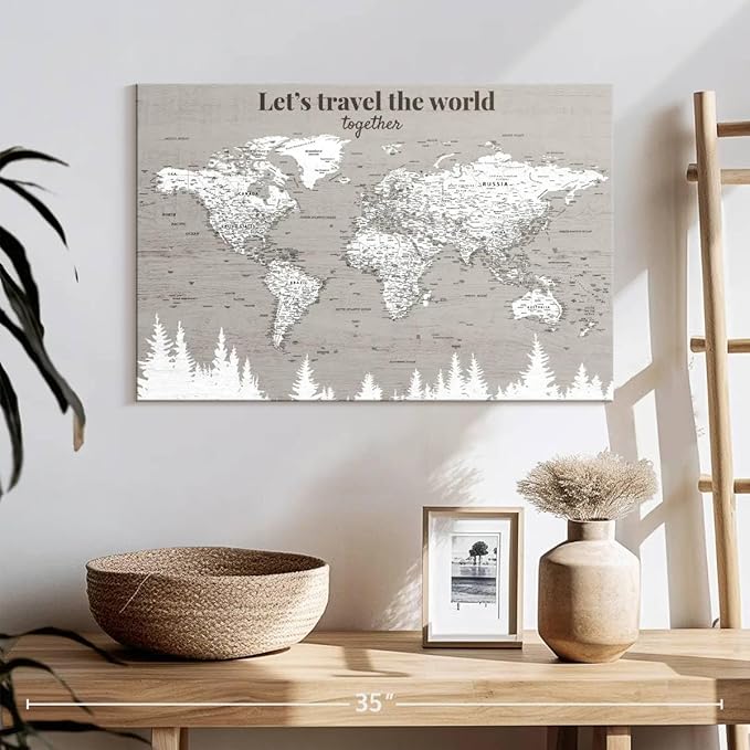 ElephantStock - Let's Travel II Push Pin World Map Wall Art - Horizontal Canvas Wall Art - Living Room Wall Decor - Digital Art Map Canvas Art - Gray And White Decor - 24" x 16"