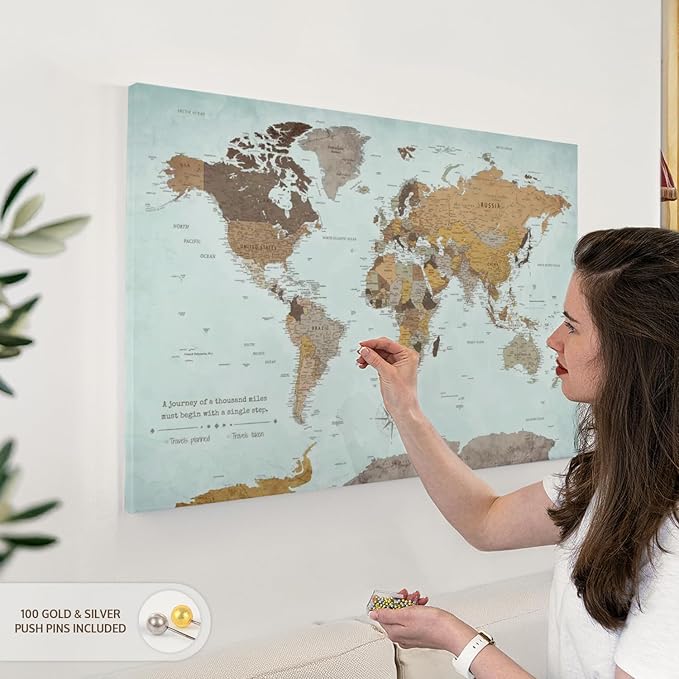 ElephantStock - A Thousand Miles World Push Pin Map Wall Art - Horizontal Canvas Wall Art - Living Room Wall Decor - Printmaking Map Canvas Art - Blue And Brown Decor - 36" x 24"