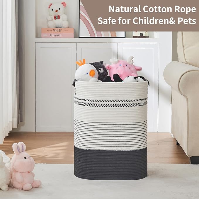 Laundry Basket with Handles - Blanket Basket & Hampers for Bedroom Aesthetic, Laundry Hamper & Blanket Storage for Living Room, Clothes Hamper, Tall, Large 17" x 14" x 22”, Black & White