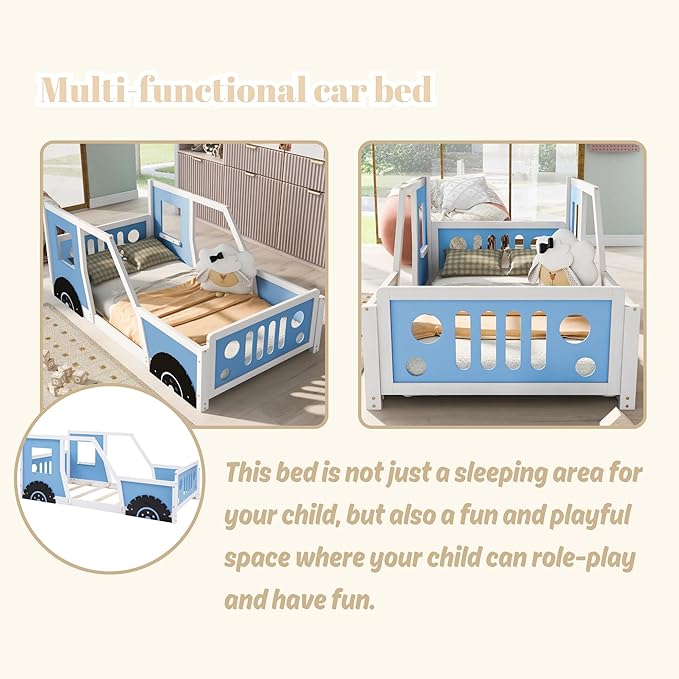 Twin Size Car Bed, Wood Floor Bed Frame with Headboard & Footboard and 4 Side Rails, Kids Racecar Bed for Boys Girls Teens, Blue
