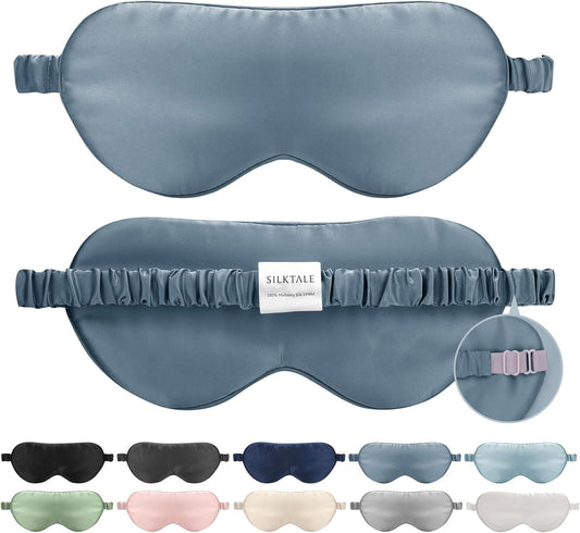 Mulberry Silk Blackout Adjustable Sleep Eye Mask for Men/Women Travel Plane,Ash Blue