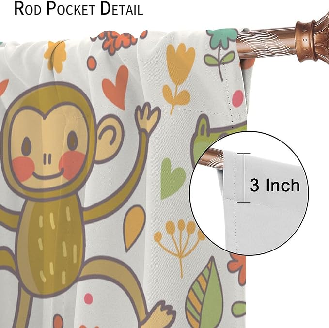 Cute Monkeys Curtains, Zoo Theme Cartoon Funny Animals Crocodile Giraffe Turtle with Flowers Print Thermal Insulation Window Drapes for Kids Boys Girls Baby Bedroom Living Room 52x84in