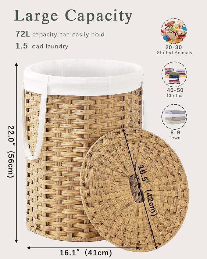 Laundry Hamper with Lid Laundry Basket with Lid 19.0 Gal (72 L) Round Wicker Laundry Basket Handwoven Rattan Hamper Removable Bag 2 Mesh Bags Handles for Living Room Bathroom Natural