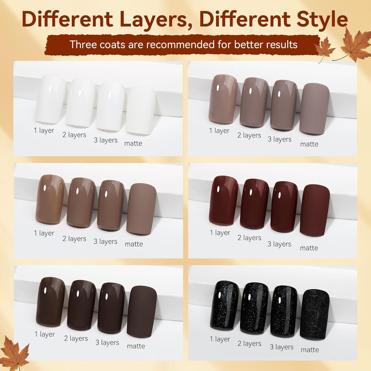 MIZHSE Brown Nail Polish Set - 6 Colors Nude White Glitter Winter Collection Quick Dry DIY Nail Art Salon Gift For Women