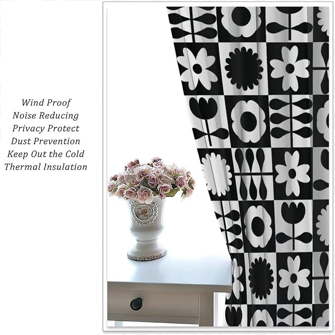 Mid Century Geometric Floral Curtains,Vintage 70s Window Treatments for Boys Girls Kids Bedroom Curtains,Boho Black and White Floral Curtains 42"" W X 45"" L, Style-10