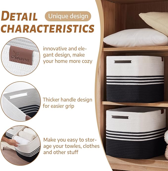 Storage Baskets, 42L*2 Pack Storage Baskets for Organizing, Laundry Basket for Closet, Cotton Rope Blanket Basket for Storage, Toy Storage Basket for Living Room, Laundry Room, Bedroom-Black