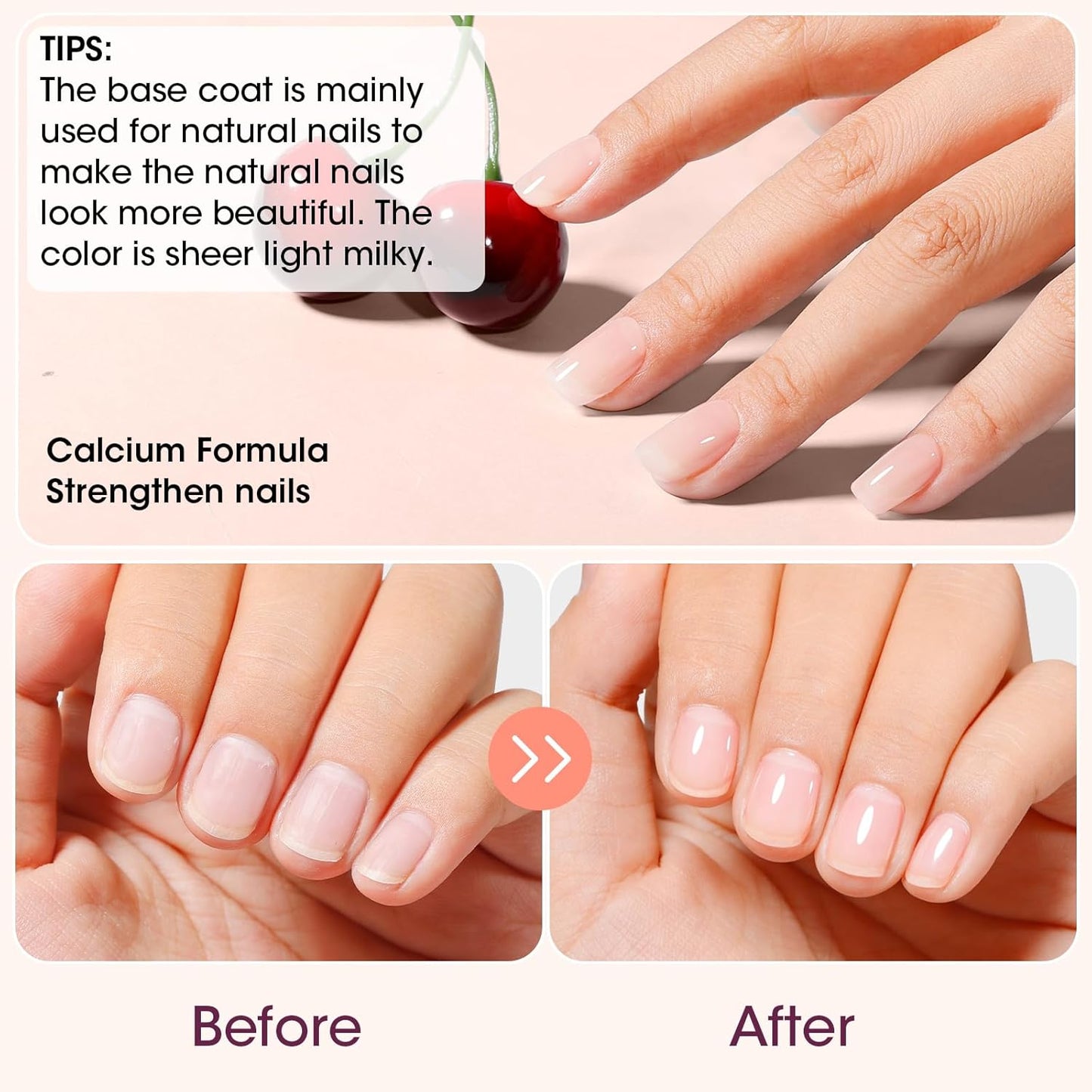 GELLEN Clear Nail Polish Base Coat Sheer Tinted Milky White, Natural Color Regular Nail Polish, Calcium Formula Strengthens Nails, Enhances Nails Natural Look, Quick Air Dry, Hema Free, Non-toxic