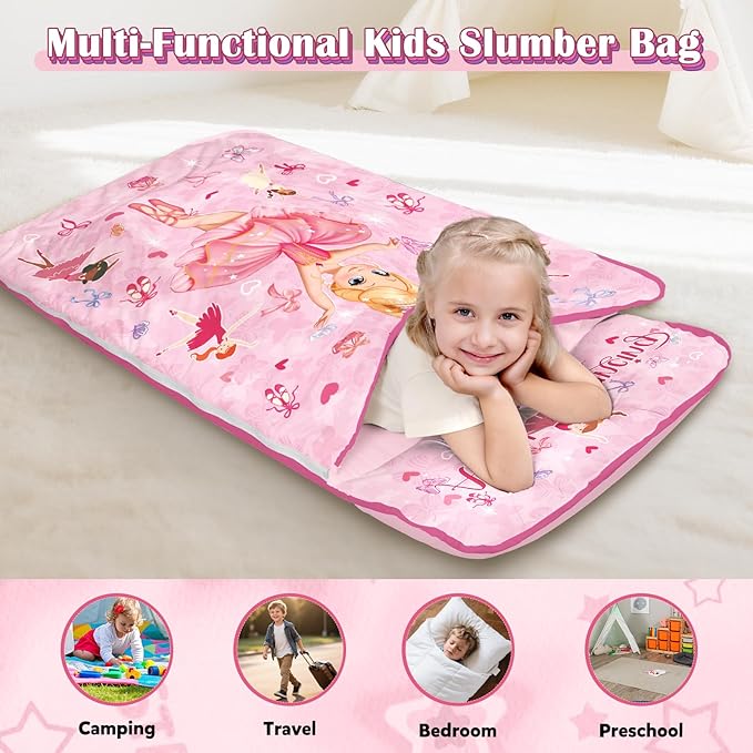 Toddler Nap Mat Kids Sleeping Bag 59"×24", Soft Slumber Bag with Removable Pillow and Blanket for Kids Girls Boys,Roll Up Sleeping Mat Thick for Camping,Daycare, Kindergarden