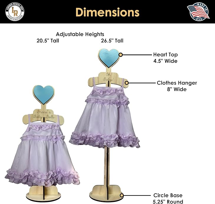 Lumber Reveal USA Baby Clothes Display Stand Personalized Baby Shower Centerpiece or Baby Doll Display | Adjustable Height, Heart-Topped Dress Hanger