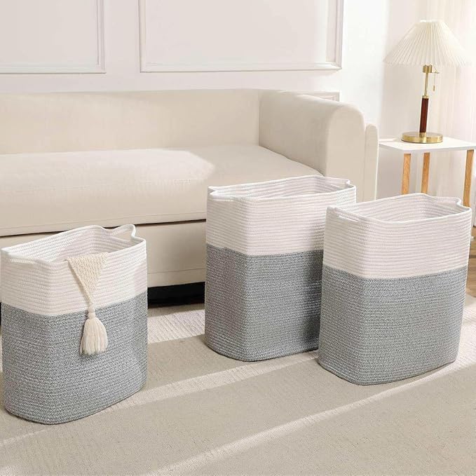 Tall Laundry Basket With Handles,Woven Cotton Rope Big Laundry Hamper Sorters,Versatile Storage for Dirty Clothes,Baby Toys,and Blankets in Bathroom, Nursery,and Living Room (Silver Gray, 68L)