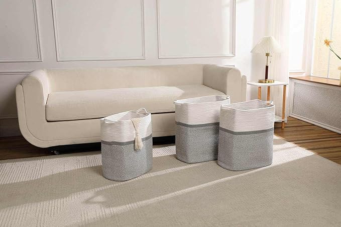 Tall Laundry Basket With Handles,Woven Cotton Rope Big Laundry Hamper Sorters,Versatile Storage for Dirty Clothes,Baby Toys,and Blankets in Bathroom, Nursery,and Living Room (White/Gray, 50L)
