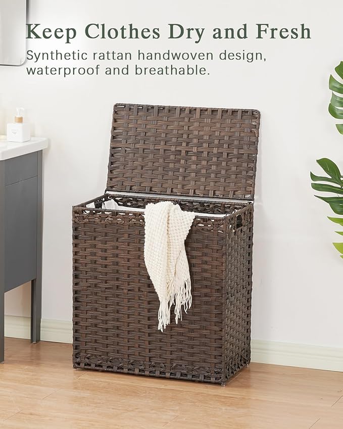 Laundry Hamper with Lid Wicker Laundry Basket 112 L (29.6 Gal) Laundry Hampers Handwoven Rattan Laundry Hamper with Handles 3 Removable Washing Bag, 6 Mesh Bags for Bathroom Bedroom Brown