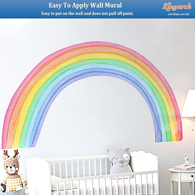Large Watercolor Rainbow Wall Decals, Colorful Peel and Stick Vinyl Nursery Wall Decor, Removable Home Room Wall Decor Murals Stickers for Kids Girls Toddler Bedroom Living Room Playroom