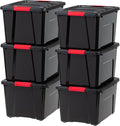 IRIS USA 40 Qt Stackable Plastic Storage Bins with Lids, 6 Pack - BPA-Free, Made in USA - Garage Organizing Solution, Latches, Durable Nestable Containers, Secure Pull Handle - Black