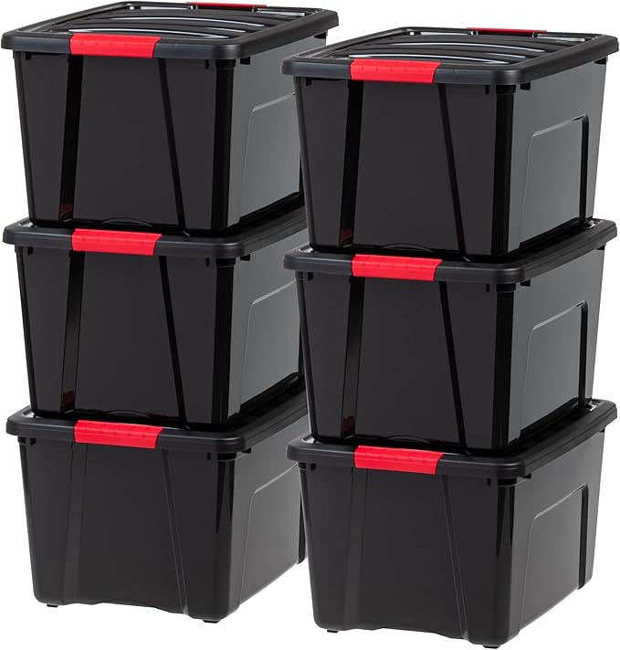 IRIS USA 40 Qt Stackable Plastic Storage Bins with Lids, 6 Pack - BPA-Free, Made in USA - Garage Organizing Solution, Latches, Durable Nestable Containers, Secure Pull Handle - Black